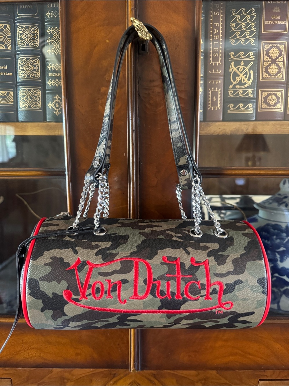 Awesome! Von Dutch Green Camo Barrel Bag with Red Logo and Trim - New with Tags